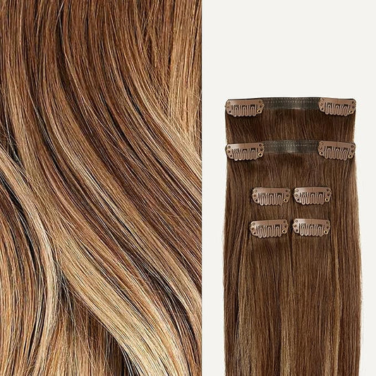 Luxy 100% Remy Human Hair Extensions for Thin Hair Thinning Hair Fill-Ins – 6 Seamless Wefts Multi-Dimensional Color Blend - Natural-Looking Volume & Coverage 50 grams 12" Chestnut Brown Balayage