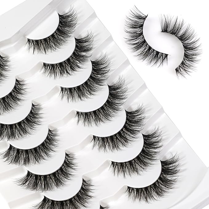 3D Clear Band Lashes 15mm Natural Soft Faux Mink Lashes C Curl Cat Eye Wispy Fake Eyelashes Reusable False EyeLashes 7 Pairs (No.212)