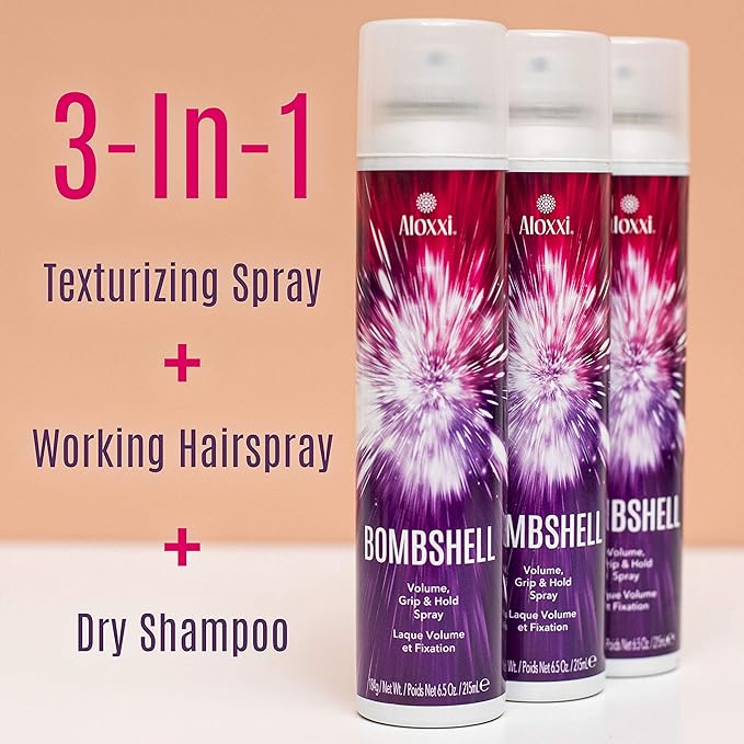 ALOXXI Bombshell Volumizing Grip Styler 3-in-1 Texturizing Hairspray & Dry Shampoo Adds Volume, Texture & Medium Hold Heat Protection up to 450F, 6.5 Oz