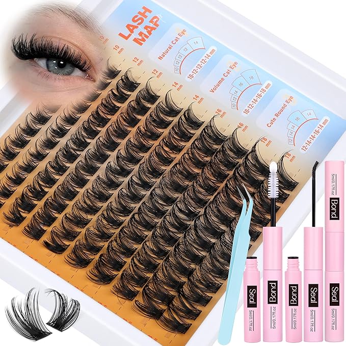 TOOCHUNAG Wispy Lash Clusters Eyelash Extensions Kit 10-18mm D Curly Eyelash Clusters Kit DIY Lash Extension Kit with Waterproof Individual Cluster Lashes, Lash Bond and Seal, Tweezers