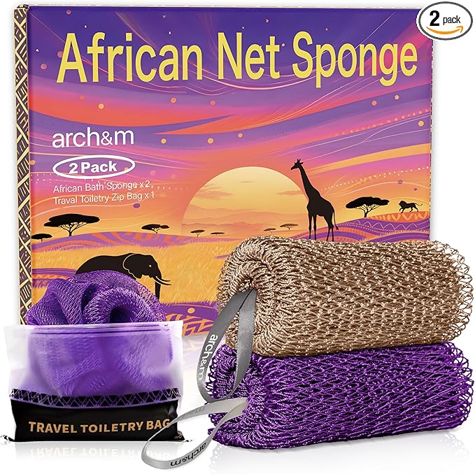 African Net Sponge Authentic Exfoliating - Authentic African Bath Sponges with Knots Exfoliating Body Scrubber for Women Back Scrub Exfoliator for Shower Bathroom Accessories Purple + Champagne ARCH&M