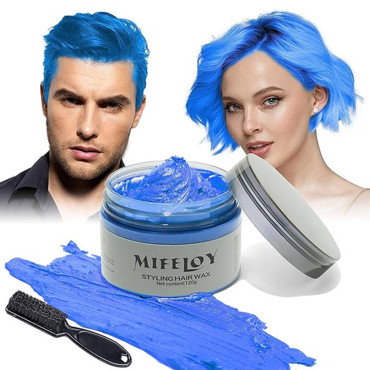 Temporary Blue Hair Color Wax with Dye Brush, Instant Natural Hairstyle Cream 4.23 oz, Disposable Coloring Mud for Men Women Youth, Washable Styling Pomades, Party Cosplay DIY Halloween