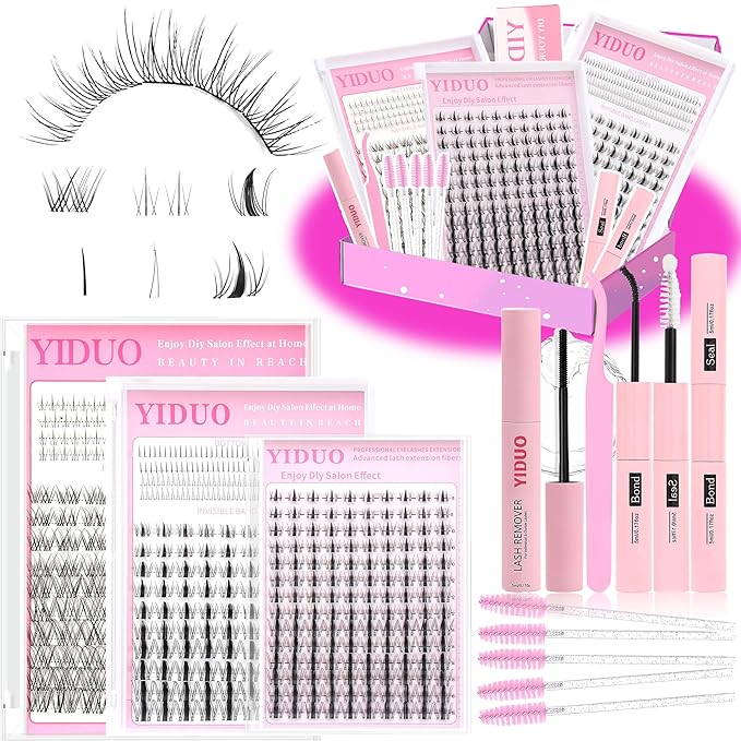 Fairy Manga lashes Clusters with Bottom Lashes Clusters Kit Gift Packs 604Pcs 5-16mm Soft Extension False Eyelash D Curl Wispy Natural Wet-Look Lashes Extensions Combo Pack with Glue Removers