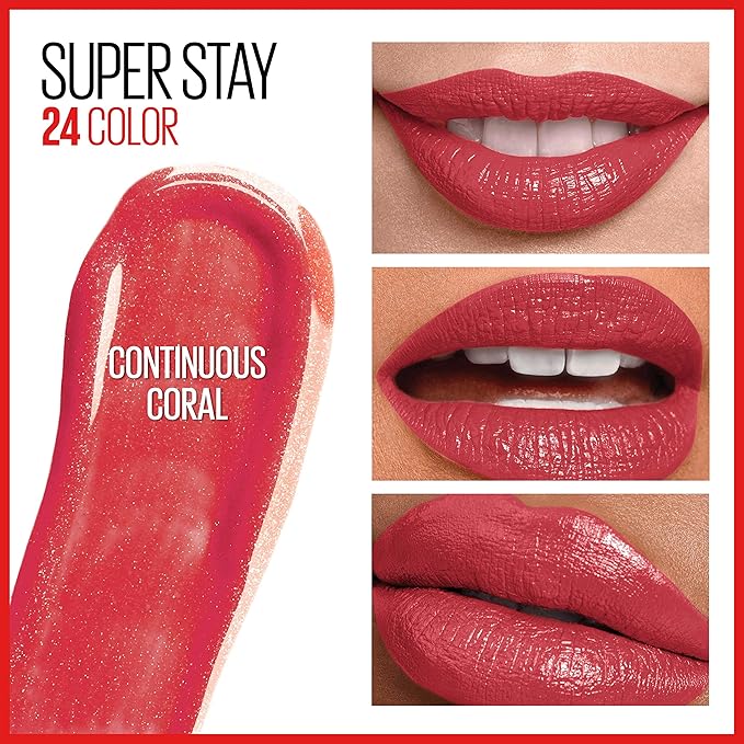 MAYBELLINE Super Stay 24, 2-Step Liquid Lipstick Makeup, Long Lasting Highly Pigmented Color with Moisturizing Balm, Continuous Coral, Coral Pink, 1 Count (Pack of 2)