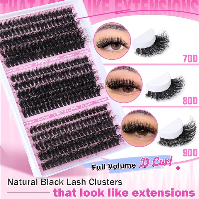 Focipeysa Full Volume Lash Extension Kit 70D 80D 90D Thick Lash Extension Kit 10-18mm Wispy Lash Clusters Individual Lashes Kit with Lash Bond and Seal for DIY Lash Extension at Home