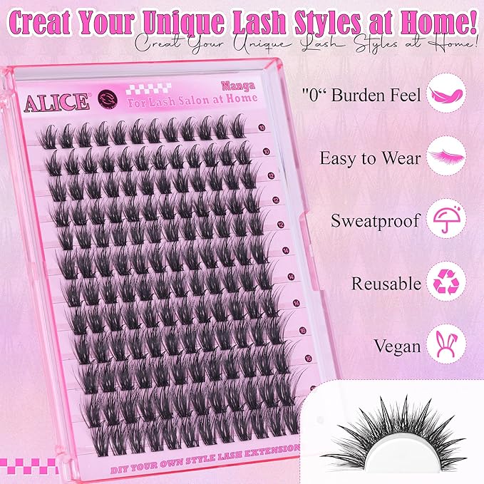ALICE Lash Clusters Eyelash Clusters - Wispy Manga Eyelash Extensions with Anime Feather Spikes - 144pcs 10-18mm Waterproof Individual Lashes for Natural Volume Look and DIY at Home