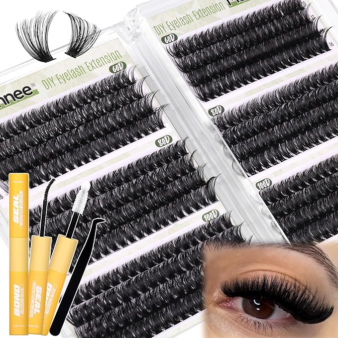 Cluster Eyelash Extensions Kit D-Curly Lash Clusters Kit 480Pcs Volume Lash Extensions DIY Eyelash Extensions for Beginners Mink Eyelash Clusters Lash Bond and Seal Kit (60D 80D 100D Mixed,10-16MM)