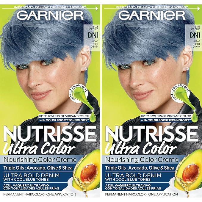 Garnier Hair Color Nutrisse Ultra Color Nourishing Creme, DN1 Light Cool Denim (Blue Orchid) Permanent Hair Dye, 2 Count (Packaging May Vary)