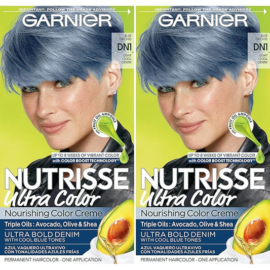 Garnier Hair Color Nutrisse Ultra Color Nourishing Creme, DN1 Light Cool Denim (Blue Orchid) Permanent Hair Dye, 2 Count (Packaging May Vary)