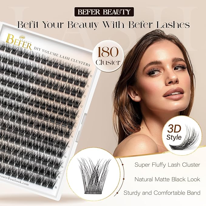 BEFER Lash Clusters, 180 Pcs D Curl Eyelash Clusters Volume Individual Lashes Extensions 10-16MM Wispy Eyelash with Tweezers DIY At Home(FD09,Enigma)