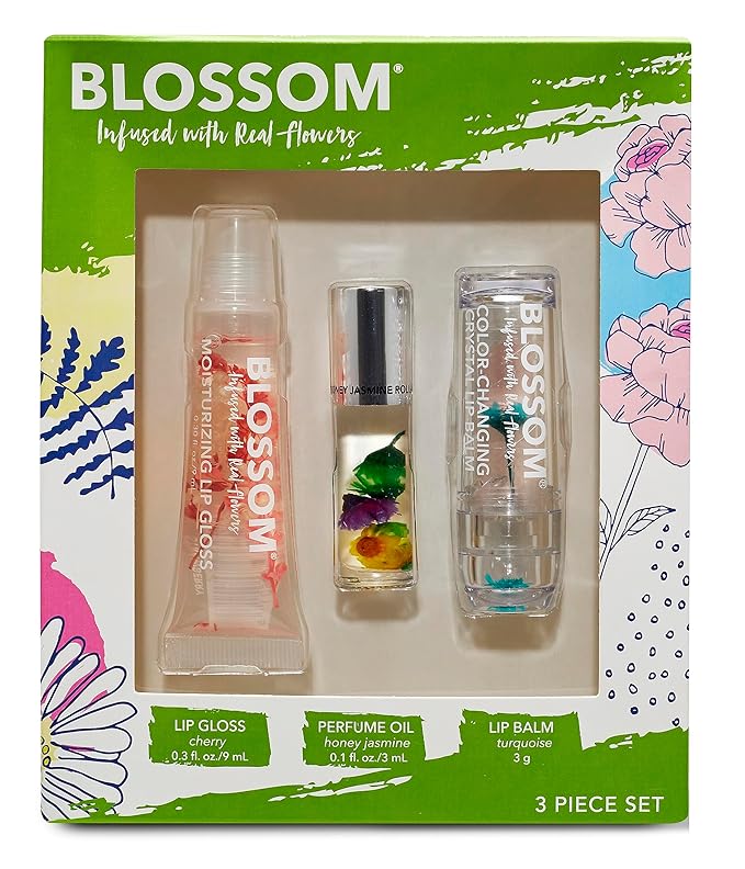 Blossom Moisturizing Lip Gloss Tubes, Roll on Perfume Oil, Natural Essential Oils, Scented pH Color Change Lip Balm with Real Flowers, 0.7 fl. oz/15mL, 3 Pack Gift Set, Cherry/Honey Jasmine/Turquoise