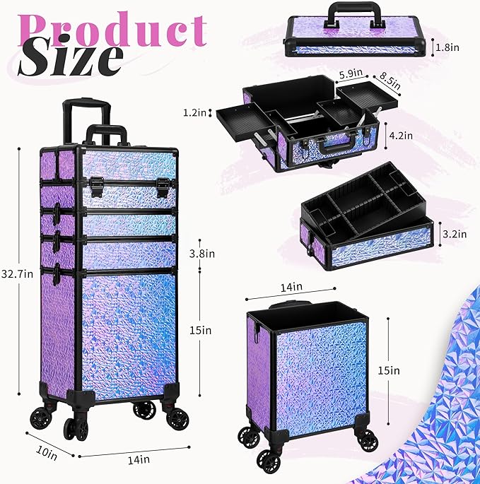 Profesional Rolling Makeup Train Case with Lid, 5 in 1 Cosmetology Case on Wheels, Large Cosmetic Trolley Organizer Travel for Hairstylist Artist Nail Beauty Salon Barber, Gravel Purple