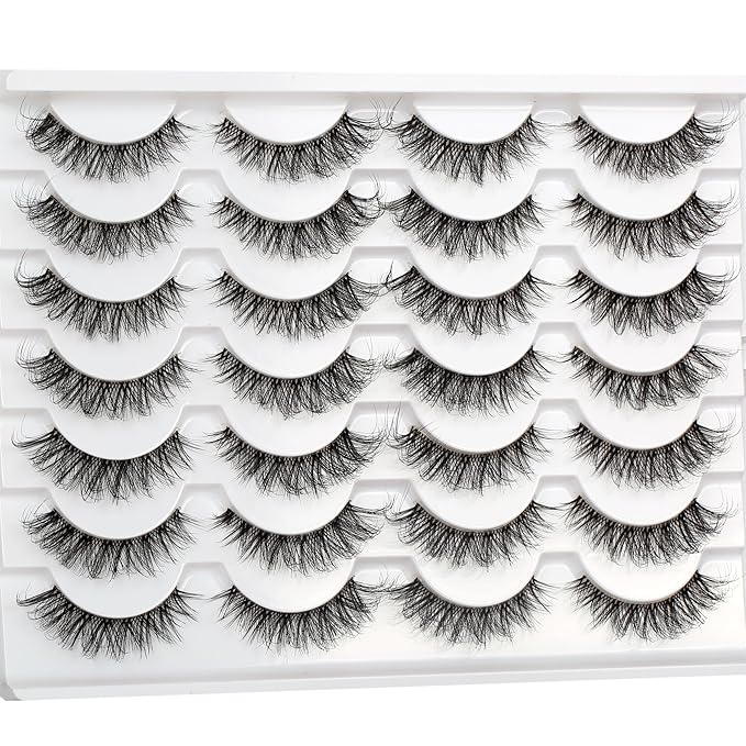 Pooplunch False Eyelashes Volume Wispy Cat Eye Lashes Natural Clear Band Fluttery Short Faux Mink Eye Lashes Fake Eyelash Strips 14 Pairs Pack