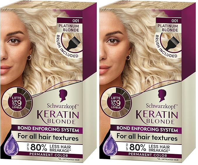 Schwarzkopf Keratin Blonde Hair Dye Platinum Blonde 001, Ultra Lightening Kit, 1 Application - Hair Bleach Enriched with Keratin, Lightens up to 9 Levels and Protects Hair from Breakage (Pack of 2)