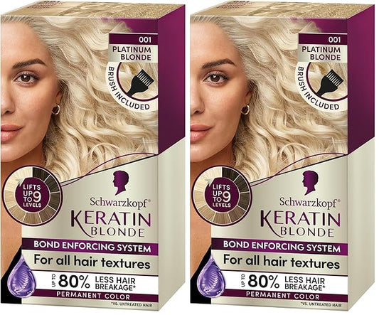 Schwarzkopf Keratin Blonde Hair Dye Platinum Blonde 001, Ultra Lightening Kit, 1 Application - Hair Bleach Enriched with Keratin, Lightens up to 9 Levels and Protects Hair from Breakage (Pack of 2)