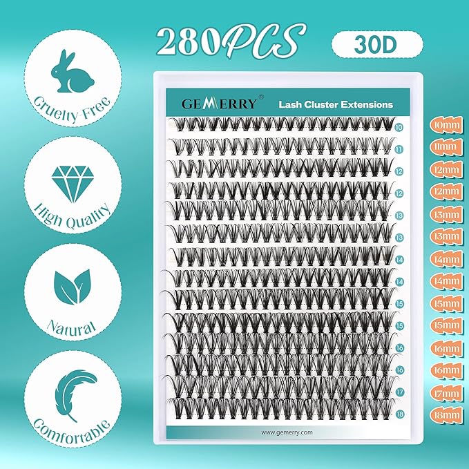 GEMERRY DIY Lash Extension Kit for Beginners 280 PCS Individual Lash Cluster Kit 0.07D 10-18 MIX Eyelash Extension Kit Lash Glue for Eyelash Extensions(30D-0.07D,10-18MIX-KIT)
