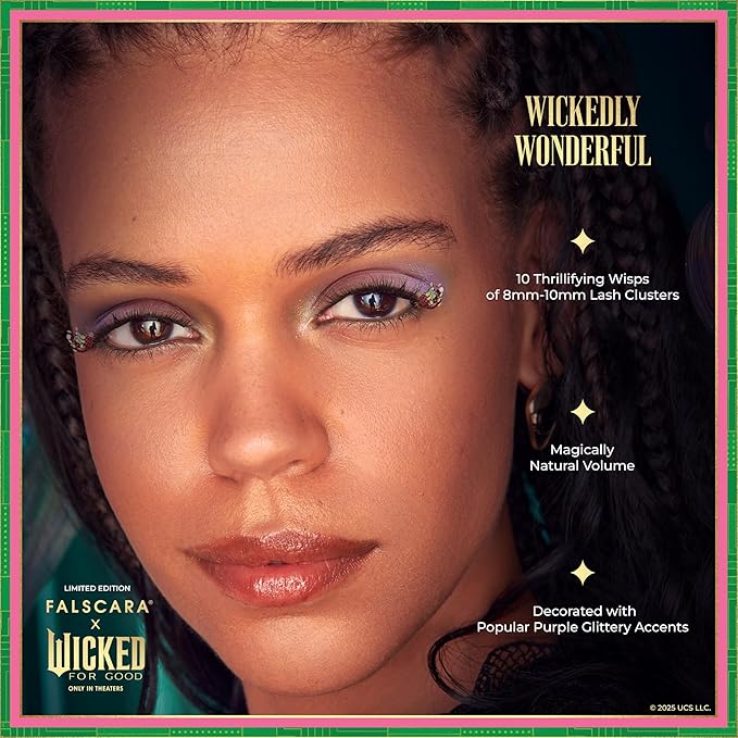 FALSCARA X WICKED: FOR GOOD False Eyelashes, ‘Wickedly Wonderful’, 8mm-10mm Natural Volume, Purple Glitter, Lash Extension Kit Includes Mini BOND, Mini Applicator, & 10 Lash Clusters