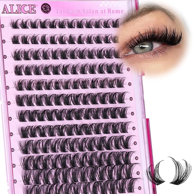 ALICE Lash Clusters Eyelash Clusters Wispy Cluster Eyelash Extensions Russian Volume Individual Lashes Natural Thin Band Lash Extensions DIY at Home (144pcs/10-18mm/D- Curly)