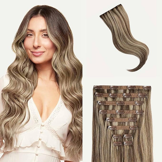 Luxy 100% Remy Human Hair, Classic 160g Clip-In Hair Extensions - 10 Wefts Multi-Dimensional Color for Natural Blending, Adds Volume & Length, Easy Apply & Remove 16" Ash Brown Highlights