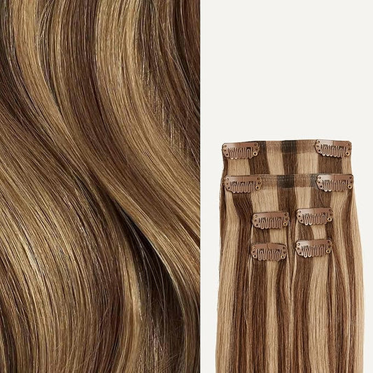Luxy 100% Remy Human Hair Extensions for Thin Hair Thinning Hair Fill-Ins – 6 Seamless Wefts Multi-Dimensional Color Blend - Natural-Looking Volume & Coverage 95 grams 20" Chestnut Brown Highlights