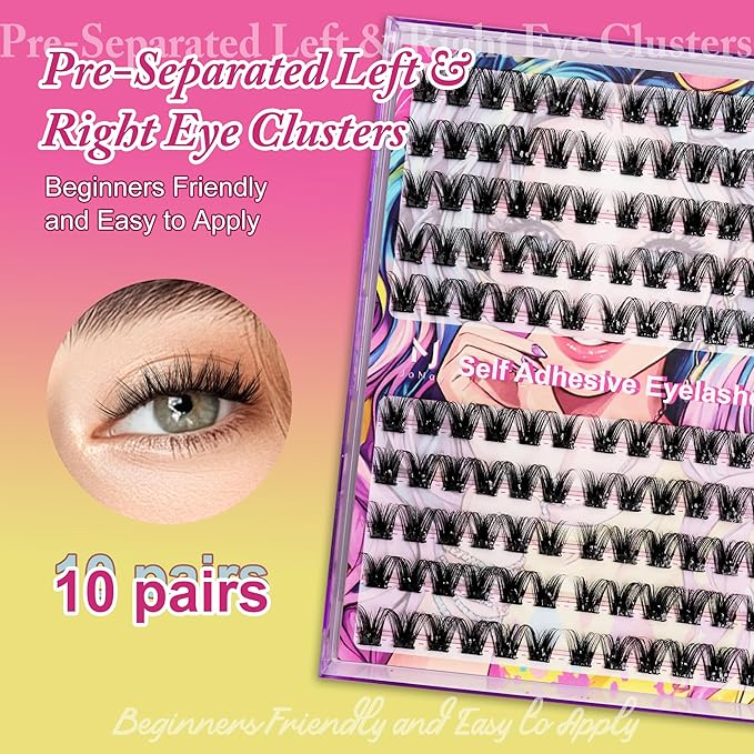 JoMay Self-Adhesive Eyelashes, Press on Lashes No Glue Needed, Glueless Pre-Glued D Curl Cluster Lashes for Beginners, No Residue, Pre-Separated L/R Eye, 1-Step DIY, 120PCS (X10)