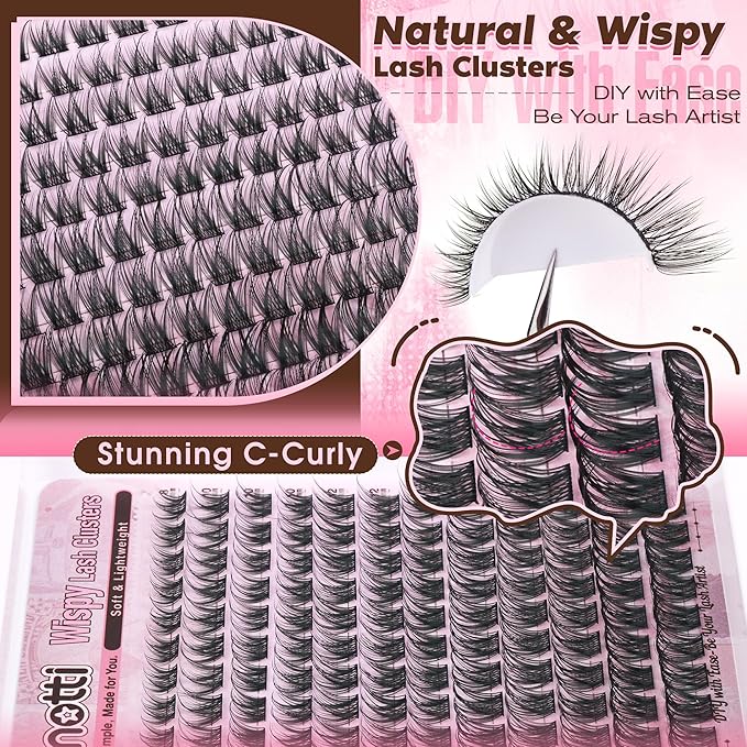 Wispy Lash Clusters Natural Eyelash Clusters DIY Cluster Eyelash Extensions Pestañas Postizas C Curly Individual Lashes Extension with Thin Lash Band 8-16mm 132PCS by zenotti