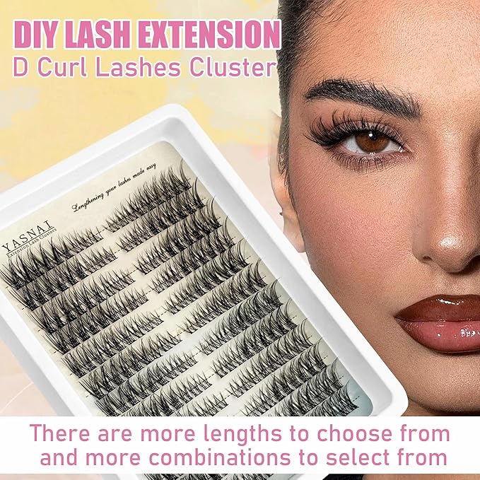 Lash Clusters Natural Look Wispy Cat Eye D Curl Lash Extensions Eyelash Clusters 8-16MM 216pcs Eye Lashes Extension, Yasnai Individual Eyelash Clusters DIY at Home