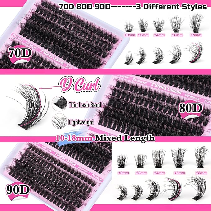 Focipeysa Full Volume Lash Extension Kit 70D 80D 90D Thick Lash Extension Kit 10-18mm Wispy Lash Clusters Individual Lashes Kit with Lash Bond and Seal for DIY Lash Extension at Home