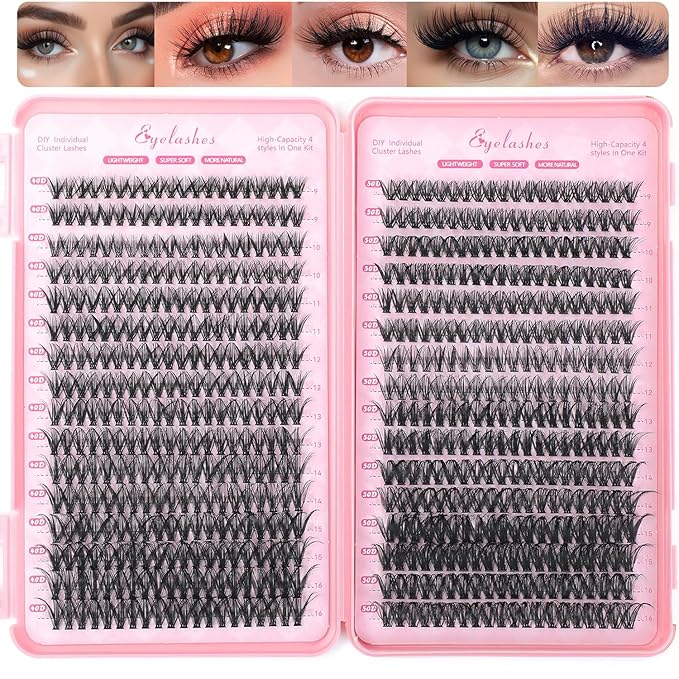 Lash Clusters Kit, 640 Pcs Eyelashes Clusters Extensions Kit 9-16mm Individual Lashes D Curl Fluffy Wispy False Eyelashes Thin Band(40D&50D)