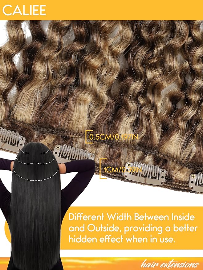 Caliee 18Inch Human Hair Jerry Curly Clip in Hair Extensions Highlight Piano Dark Brown Mixed with Strawberry Blonde for Women 3B 3C Curly Clip ins Real Remy Human Hair Extensions #P4/27 120G 7Pcs
