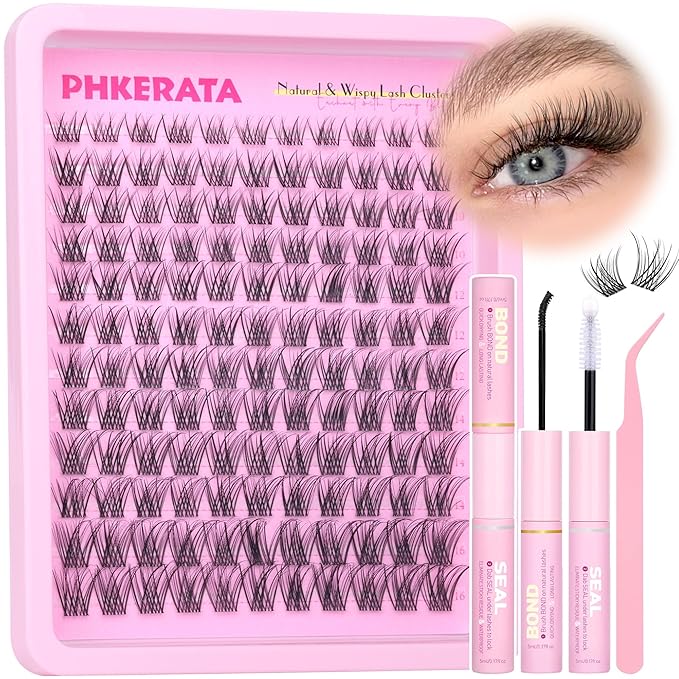 Natural Lash Clusters Kit Invisible Band Eyelash Clusters Wispy Lash Extension Kit DIY Cluster Eyelash Extension Kit Individual Lashes with Lash Glue Bond and Seal Tweezers, 8-16mm