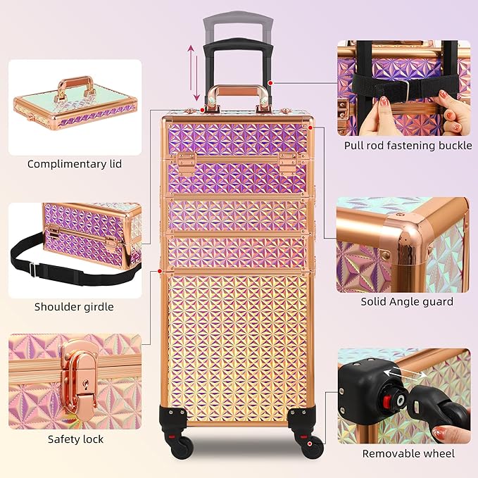 Rolling Makeup Case, Makeup Train Case with Lid, 5 in 1 Cosmetology Case on Wheels, Christmas Gift, Large Makeup Organizers, Profesional Cosmetic Case for Salon Barber, Bright Pink