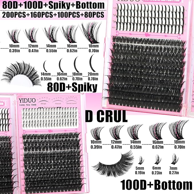 8 Styles Mix Lashes Clusters Kit 4 Box Cluster Lash Book Kit with Bond&Seal 1888Pcs 100D/200D/300D Volume Manga Eyelash Extension Gift Packs for Beginners Bulk Pack DIY at Home Easily
