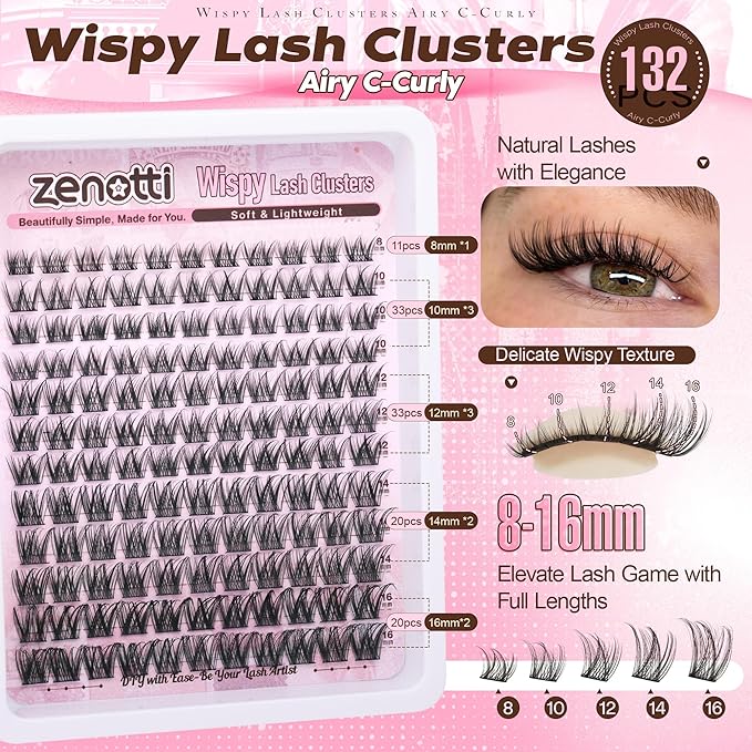 Wispy Lash Clusters Natural Eyelash Clusters DIY Cluster Eyelash Extensions Pestañas Postizas C Curly Individual Lashes Extension with Thin Lash Band 8-16mm 132PCS by zenotti