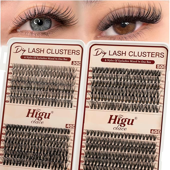 Higu clace Lash Clusters 480pcs 30D+40D+50D+60D Eyelash Clusters 4 Styles Mixed 10-18MM, Wispy Cluster Eyelash Extensions, Easy to Use, Can DIY at Home