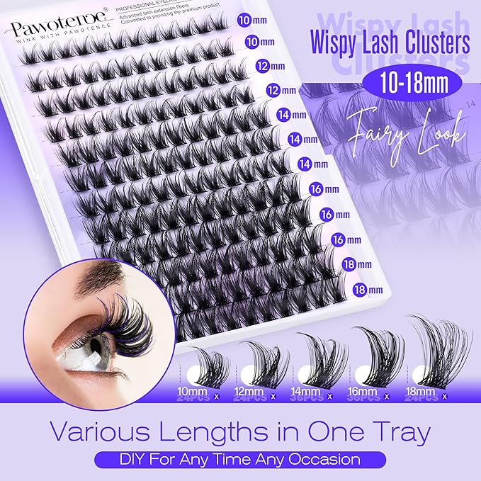 Pawotence Lash Clusters Wispy Cluster Eyelash Extensions 10-18mm Individual Lashes DIY Cluster Lashes Extension Soft Comfortable Eyelash Clusters with Thin Band