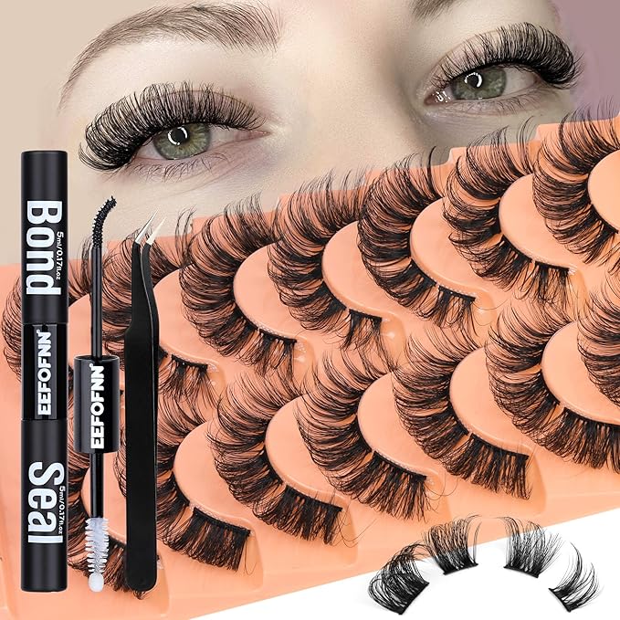 DIY Lash Extension Kit Natural Lash Clusters D-Curly Eyelash Extension Kit with Lash Bond and Seal Eyelashes Tweezers 9-16 mm Individual Lashes Kit DIY at Home by Eefofnn