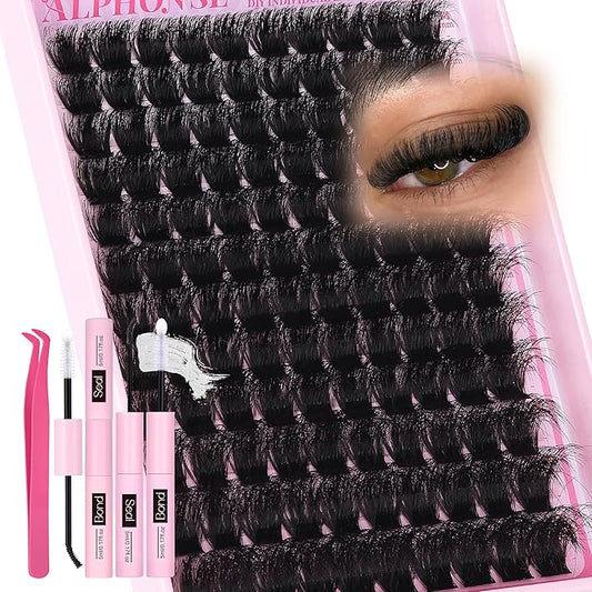Mega Bold Lash Clusters Kit 14-24mm D-curved Cluster Eyelash Extensions Kit 200D Thick Volume Eyelash Clusters Kit with Lash Bond and Seal by ALPHONSE