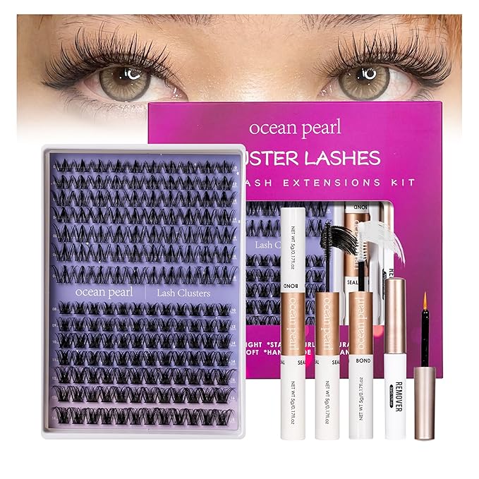 Ocean Pearl Lash Clusters Kit 154pcs,Eyelashes,spike-effect cluster lashes,10-18mm manga/anime-inspired lashes clusters,DIY Cluster Eyelash Extensions kit with lash bond+seal+remover+tweezers-M31+M34
