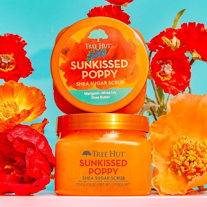 Tree Hut Sunkissed Poppy Shea Sugar Scrub, Exfoliating, Hydrating & Moisturizing Body Scrub with Shea Butter & Nourishing Essential Oils, Smooth & Soften Skin, 18 oz