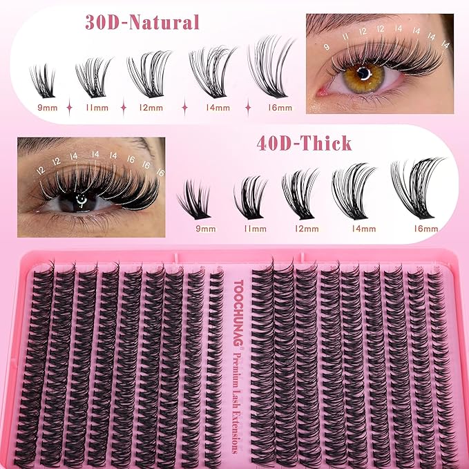 TOOCHUNAG Lash Clusters Kit 432pcs Eyelash Extension Kit 30D+40D DIY Lash Extension Kit 9-16mm D Curly Wispy Individual Cluster Lashes Kit with Lash Bond and Seal, Tweezers for DIY at Home