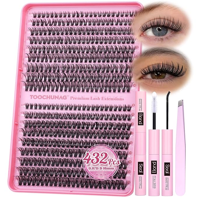 TOOCHUNAG Lash Clusters Kit 432pcs Eyelash Extension Kit 30D+40D DIY Lash Extension Kit 9-16mm D Curly Wispy Individual Cluster Lashes Kit with Lash Bond and Seal, Tweezers for DIY at Home