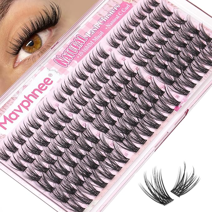 Natural Lash Clusters Wispy Cluster Eyelash Extensions C-Curly Cluster Lashes Thin Lash Band Individual Lashes Soft Fullness Eyelash Clusters DIY Lash Pack Natural Girl Approved (126Pcs, 10-16MM)