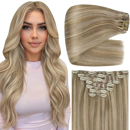 Full Shine Human Hair Clip in Extensions Highlights 24 Inch Golden Blonde Mix Light Blonde Clip in Real Hair Extensions for Women 7 Pcs 150 G