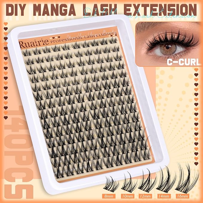 Manga Lash Clusters Spiky Eyelash Clusters Natural Lash Extensions Wispy Lashes Clusters C Curly 8-16mm Individual Lashes Extension 140pcs DIY at Home Cluster Lashes by Ruairie