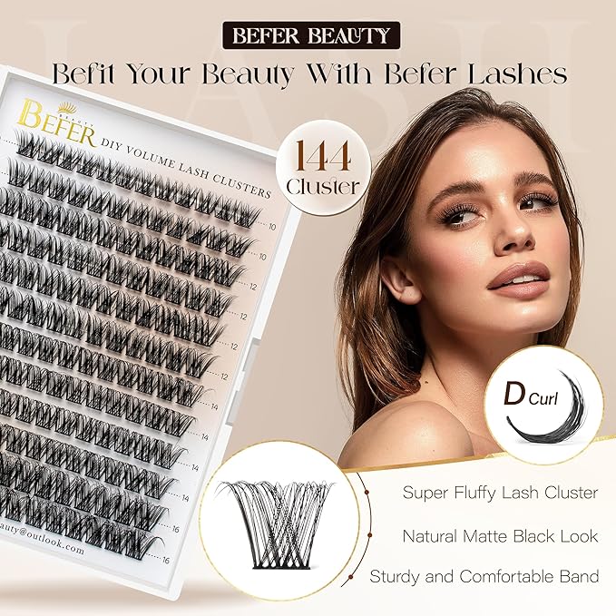 BEFER Lash Clusters, 144 Pcs D Curl Eyelash Clusters Volume Individual Lashes Extensions 10-16MM Wispy Eyelash with Tweezers DIY At Home(FD03,Radiance)
