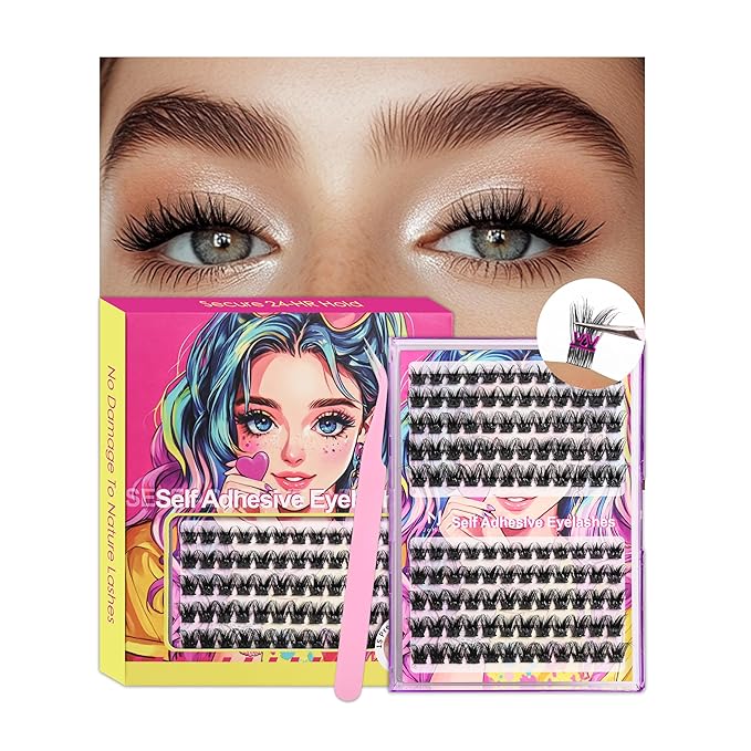 JoMay Self Adhesive Eyelashes, Press on Lashes No Glue Needed, Glueless Lashes Pre-Glued Natural Cluster Extension Kit D Curl For Beginners, No Sticky Residue 1 Step DIY 48PCS 10-16mm X5