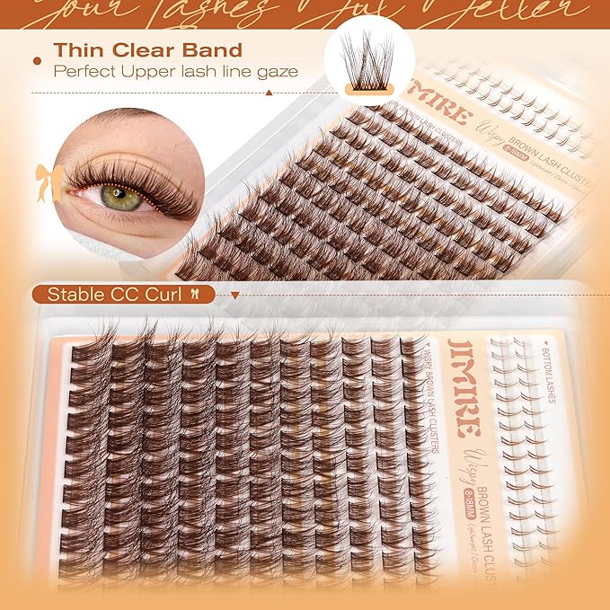 JIMIRE Brown Lash Clusters Wispy Lash Extensions Natural Eyelash Clusters with Bottom Lash Clusters 8-18MM Soft Fluffy Cluster Eyelash Extensions 161Pcs Cluster Lashes DIY at Home
