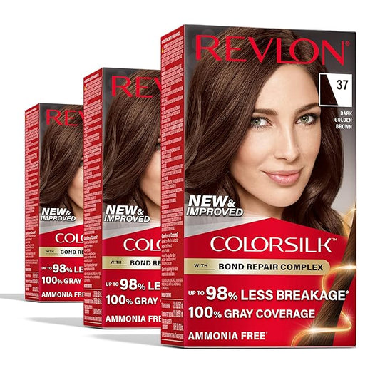 Revlon ColorSilk with Bond Repair Complex, Brown Permanent Hair Color, 100% Gray Coverage, Ammonia Free Hair Dye, Vegan Keratin, 37 Dark Golden Brown (Pack of 3)