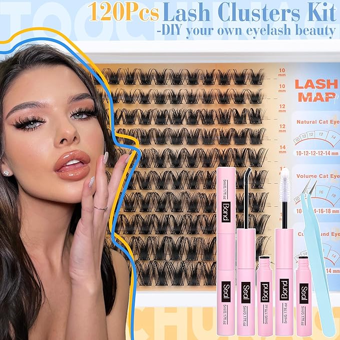 TOOCHUNAG Wispy Lash Clusters Eyelash Extensions Kit 10-18mm D Curly Eyelash Clusters Kit DIY Lash Extension Kit with Waterproof Individual Cluster Lashes, Lash Bond and Seal, Tweezers